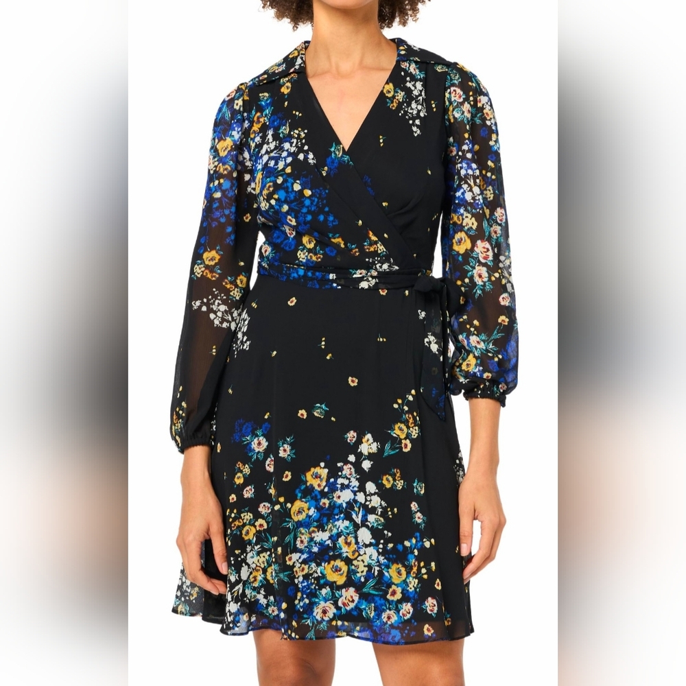 Dkny Black Floral Wrap Dress with Blue & Yellow Accents - Picture 4 of 14
